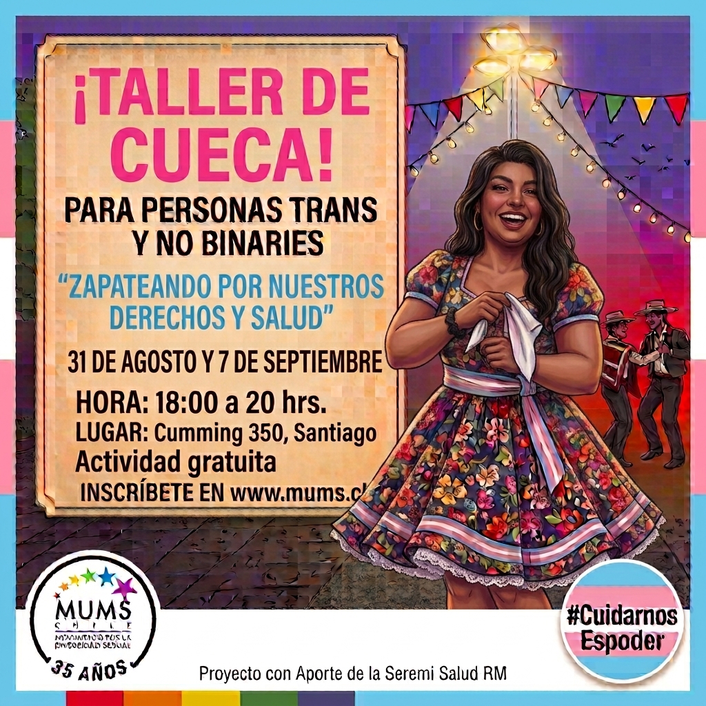 Afiche promocional Taller de Cueca MUMS para personas trans y no binaries